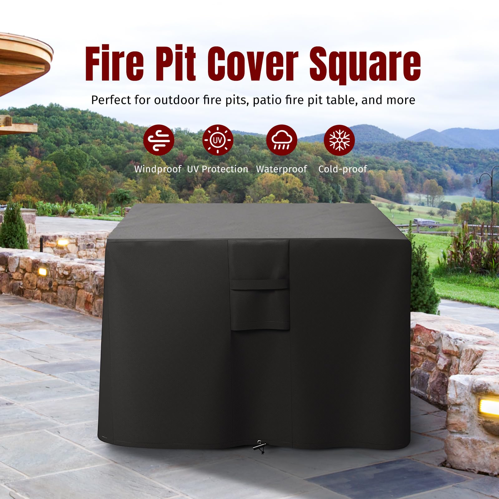 SHINESTAR square fire pit cover highlights waterproof coating for rain protection.