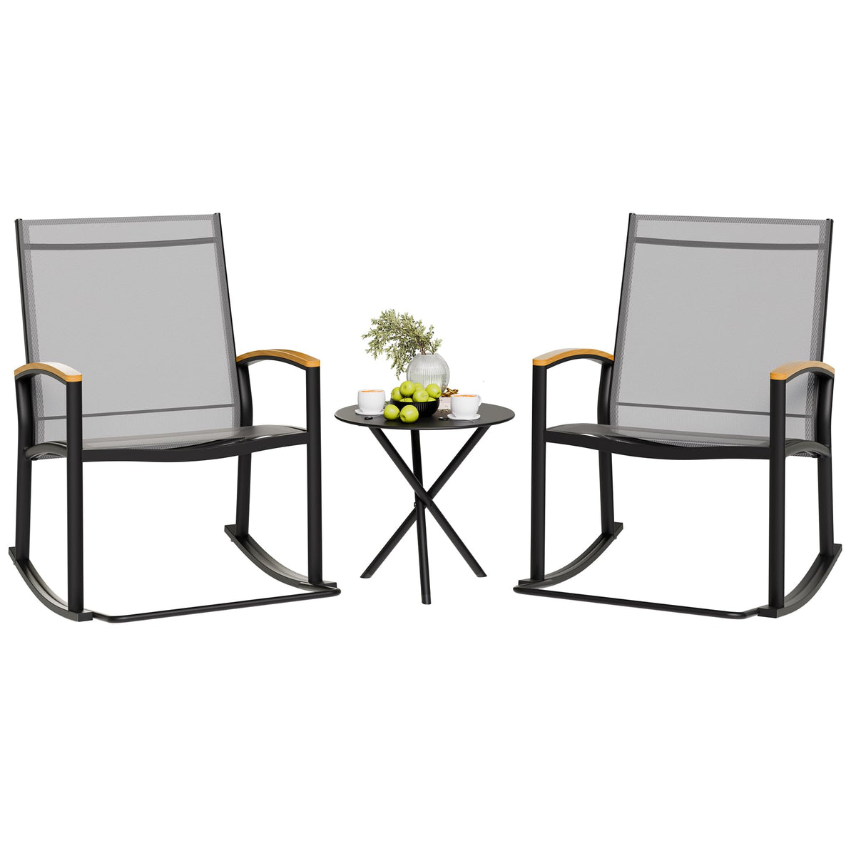 Shintenchi 3-piece outdoor rocking bistro set in light gray for cozy yard chats