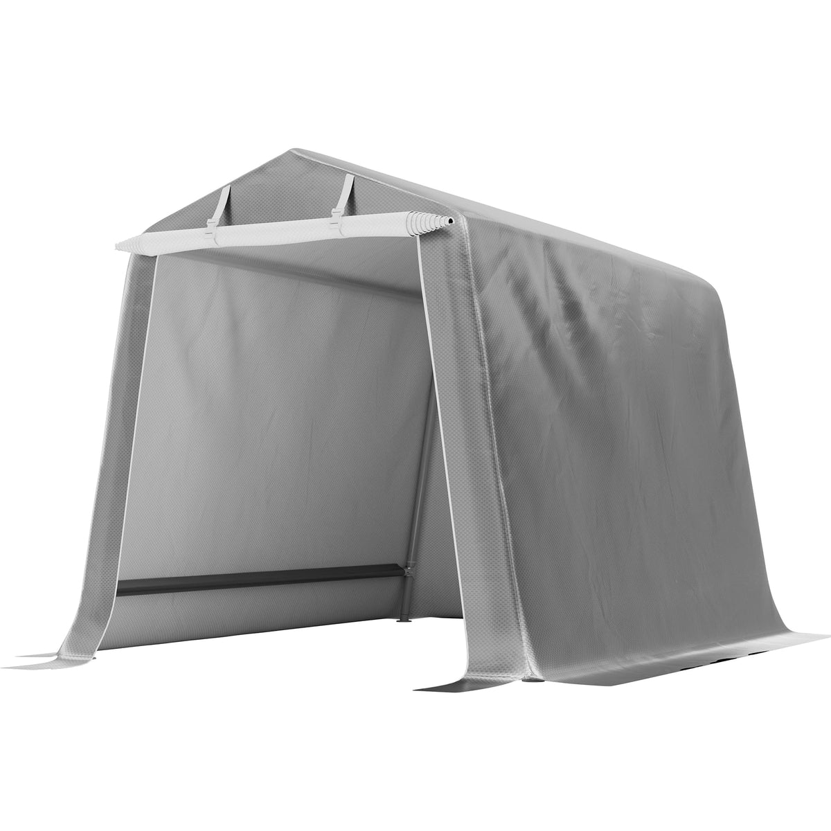 Shintenchi 6x6ft storage shelter with roll-up door for quick access and airflow.