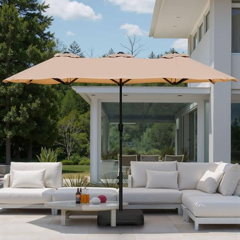 Shintenchi double-sided rectangular umbrella offers expansive shade for outdoor spaces.