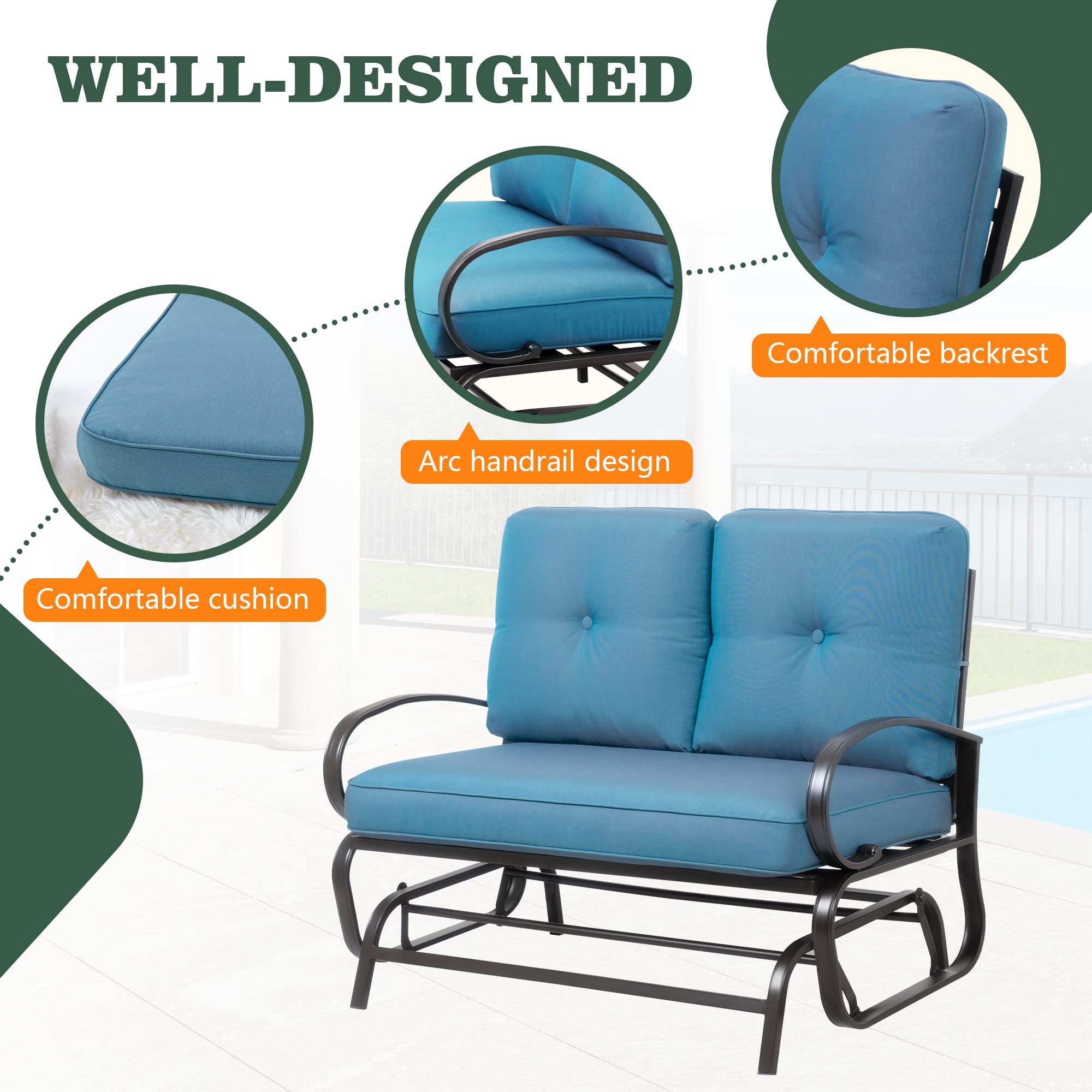Shintenchi ergonomic armrests on an outdoor loveseat rocker for comfort