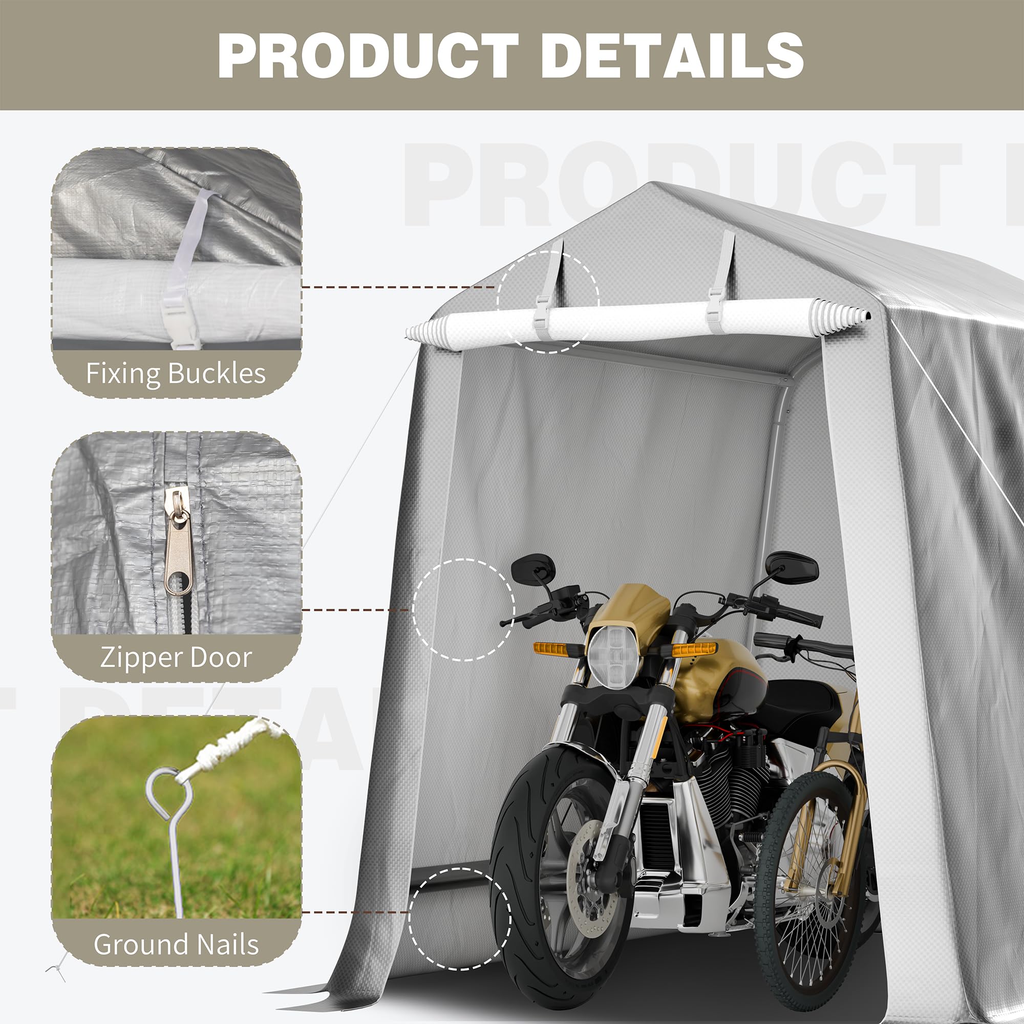 Shintenchi motorcycle storage setup provides sheltered space and weather protection.