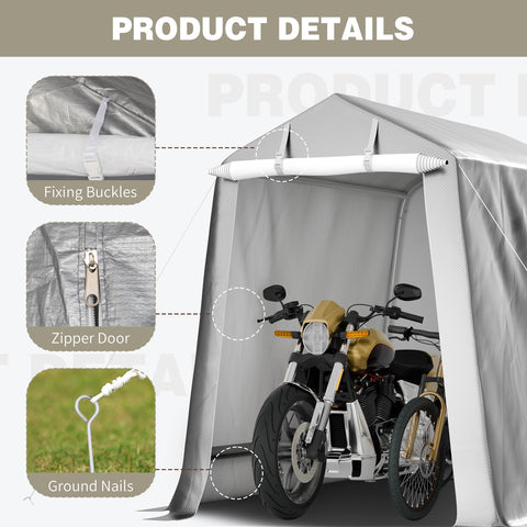 Shintenchi motorcycle storage setup provides sheltered space and weather protection.