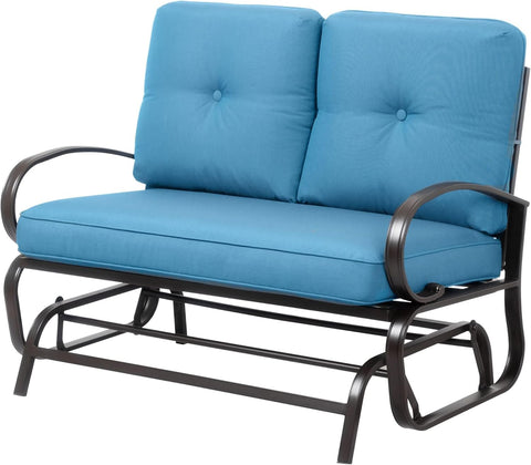 Shintenchi Ocean Blue metal glider bench for two on a sunny patio