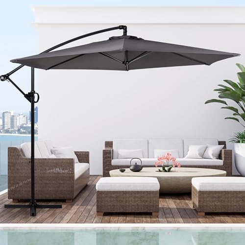 Shintenchi offset 10ft canopy provides broad sun protection for outdoor spaces.