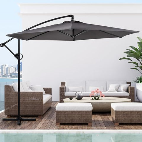 Shintenchi offset 10ft canopy provides broad sun protection for outdoor spaces.
