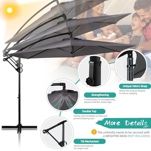 Shintenchi offset umbrella cross-base stability supports reliable outdoor seating.