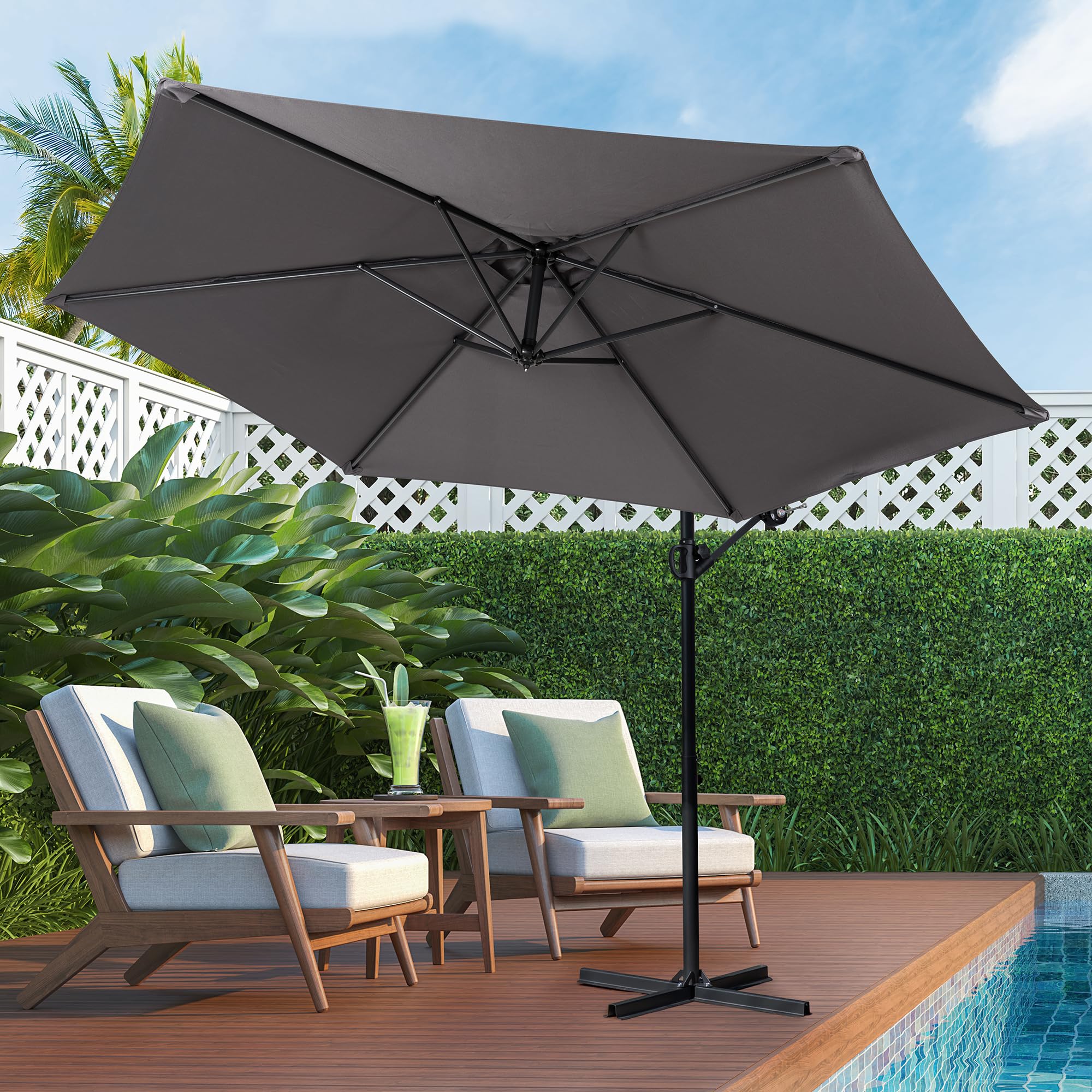 Shintenchi offset dark gray canopy blends with outdoor decor and aids shade.
