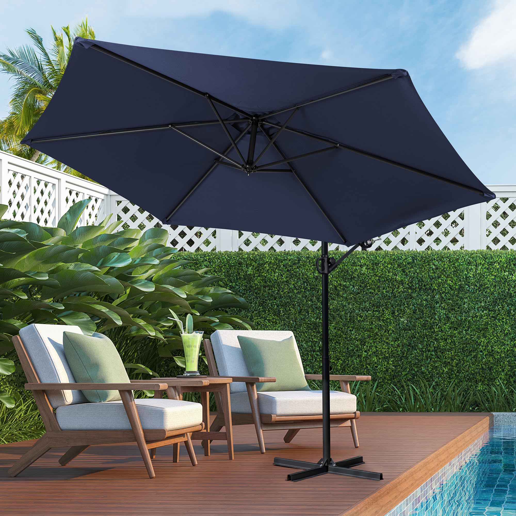 Shintenchi offset umbrella creates breathable, rain-ready outdoor shelter.