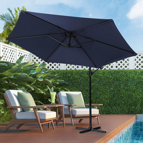 Shintenchi offset umbrella creates breathable, rain-ready outdoor shelter.