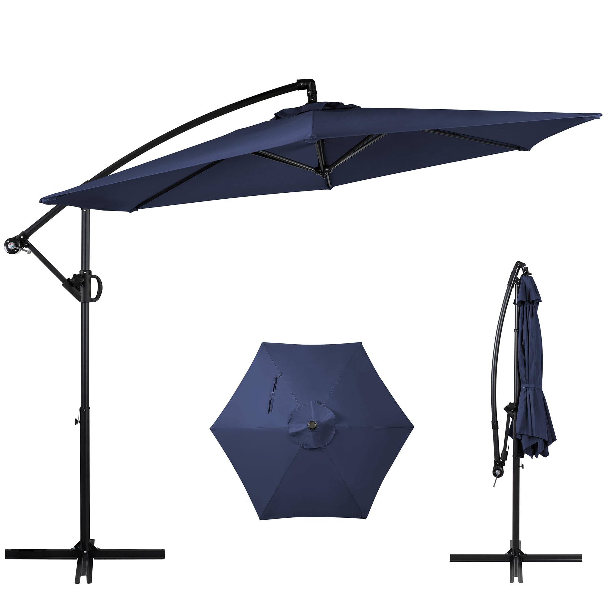 Shintenchi offset umbrella in navy blue provides wide shade for outdoor lounging.