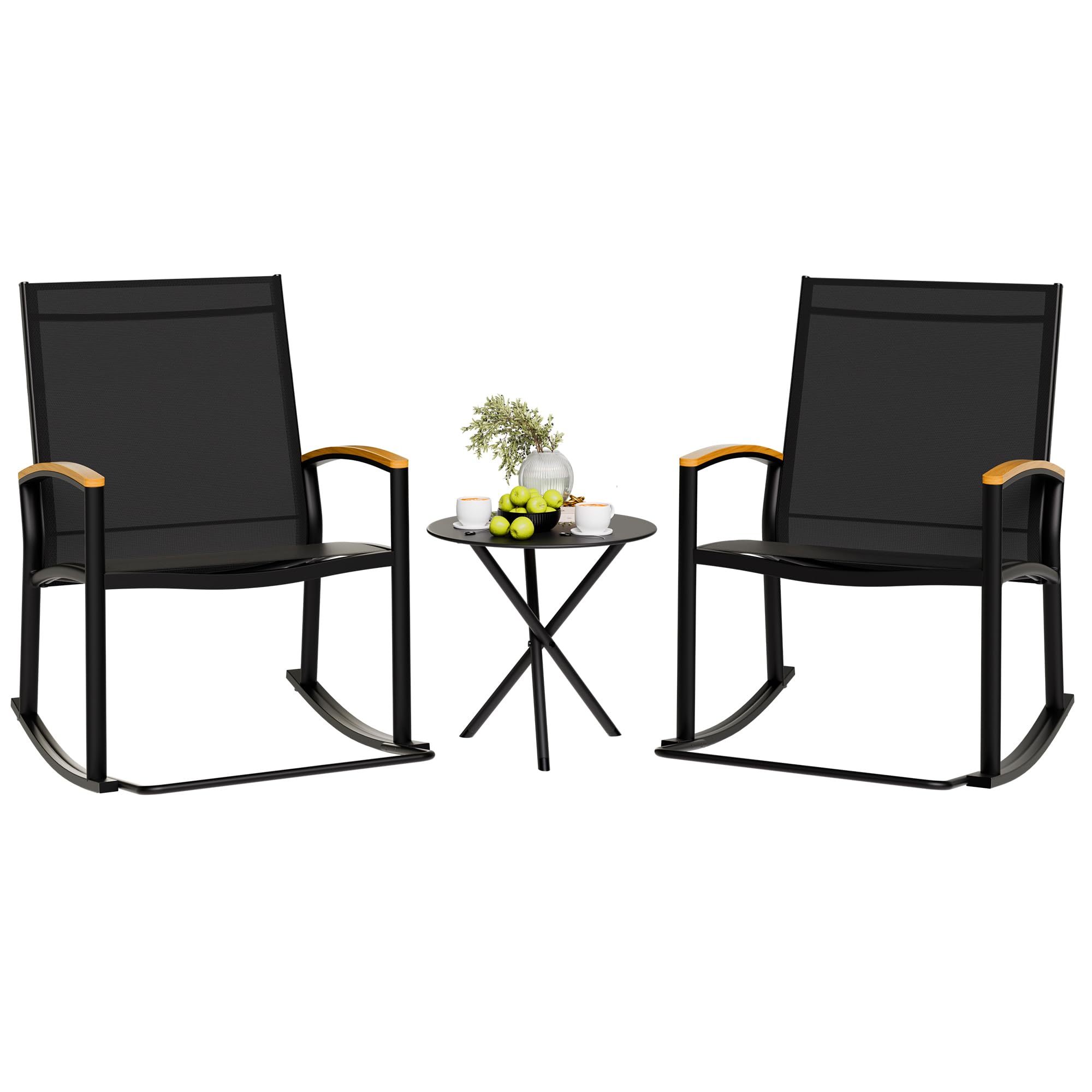 Shintenchi rocking bistro chairs in black provide sturdy porch lounging and relaxed conversations.