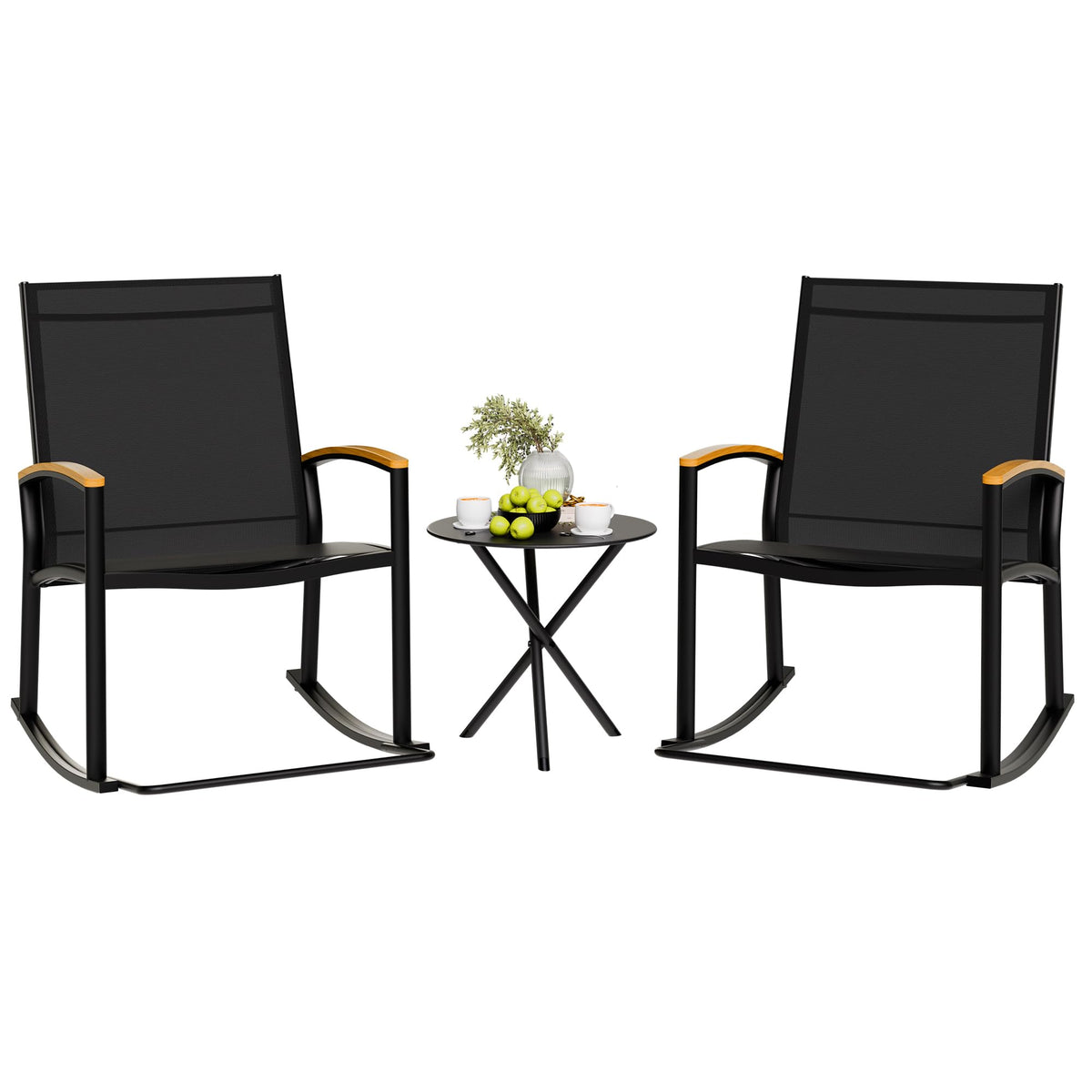 Shintenchi rocking bistro chairs in black provide sturdy porch lounging and relaxed conversations.