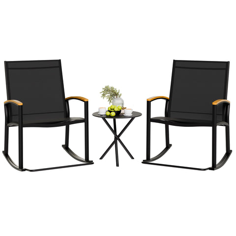 Shintenchi rocking bistro chairs in black provide sturdy porch lounging and relaxed conversations.