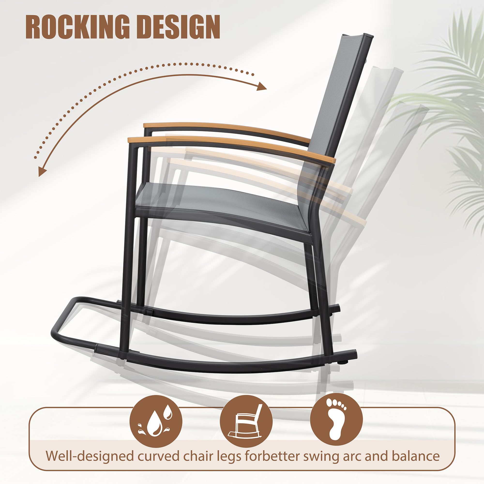 Shintenchi rocking chairs with breathable Textilene seats stay cool in sun