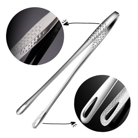 Shiyueshiri stainless steel tongs hollow design, drains oil for cleaner handling.