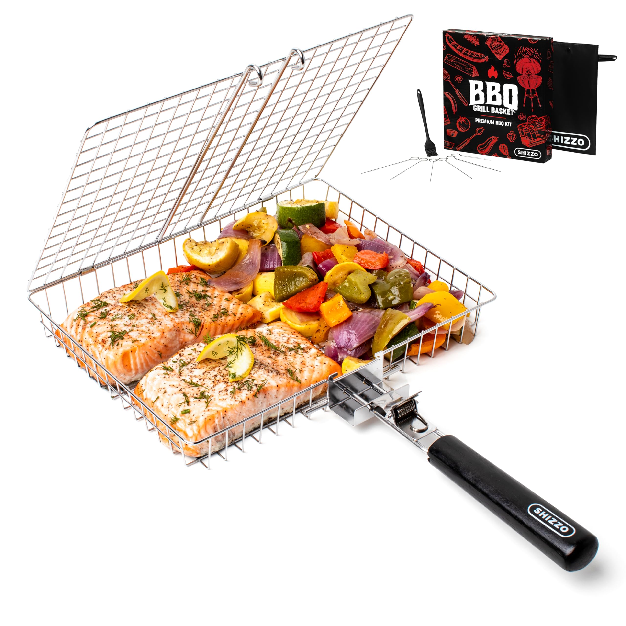 SHIZZO grill basket with deep tray for even seafood grilling.