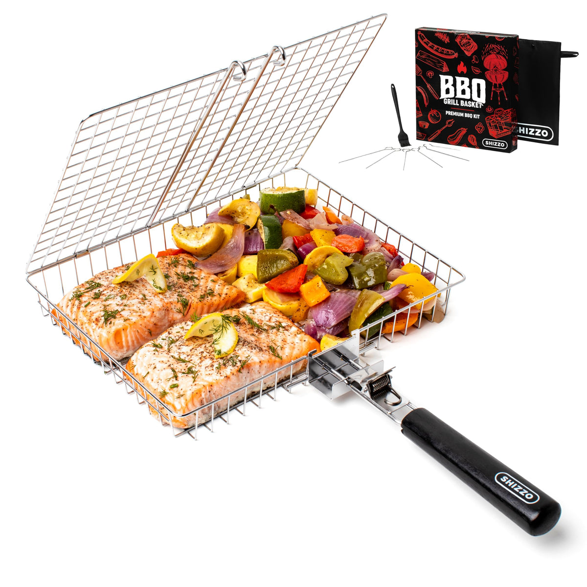 SHIZZO grill basket with deep tray for even seafood grilling.