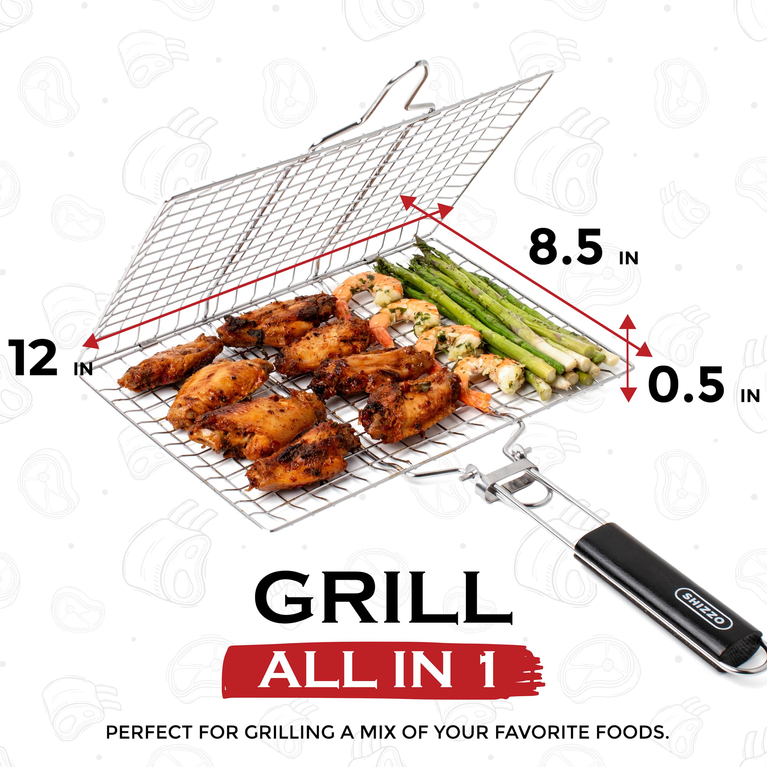 SHIZZO grill basket loaded with vegetables and fish for even cooking