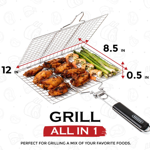 SHIZZO grill basket loaded with vegetables and fish for even cooking
