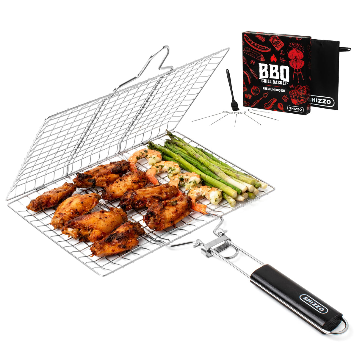SHIZZO shallow grill basket closeup showing controlled grilling for even searing