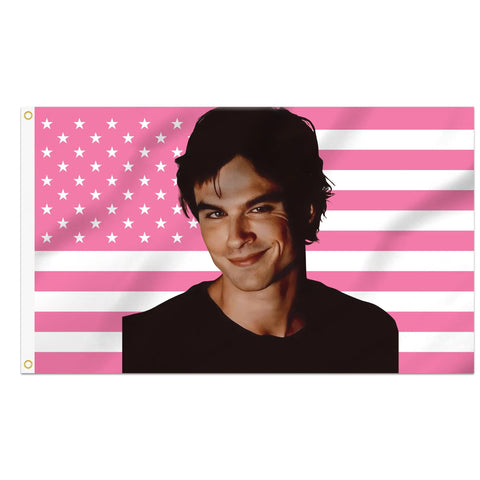 Shmbada Damon Salvatore flag 3x5ft pink front view, ideal dorm decor.