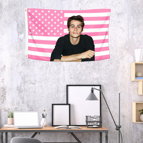 Shmbada Dylan O'Brien 3x5 flag indoors as dorm room wall art