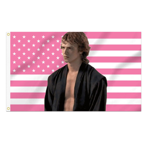Shmbada Hayden pink American flag banner on dorm wall, vivid colors.