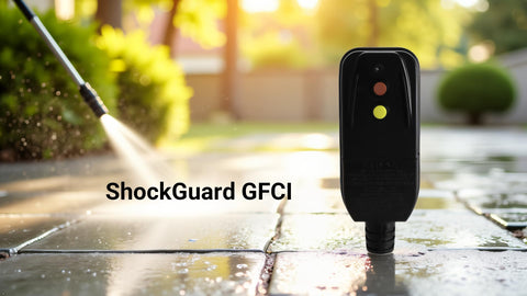 ShockGuard GFCI replacement plug with red LED indicator showing active protection