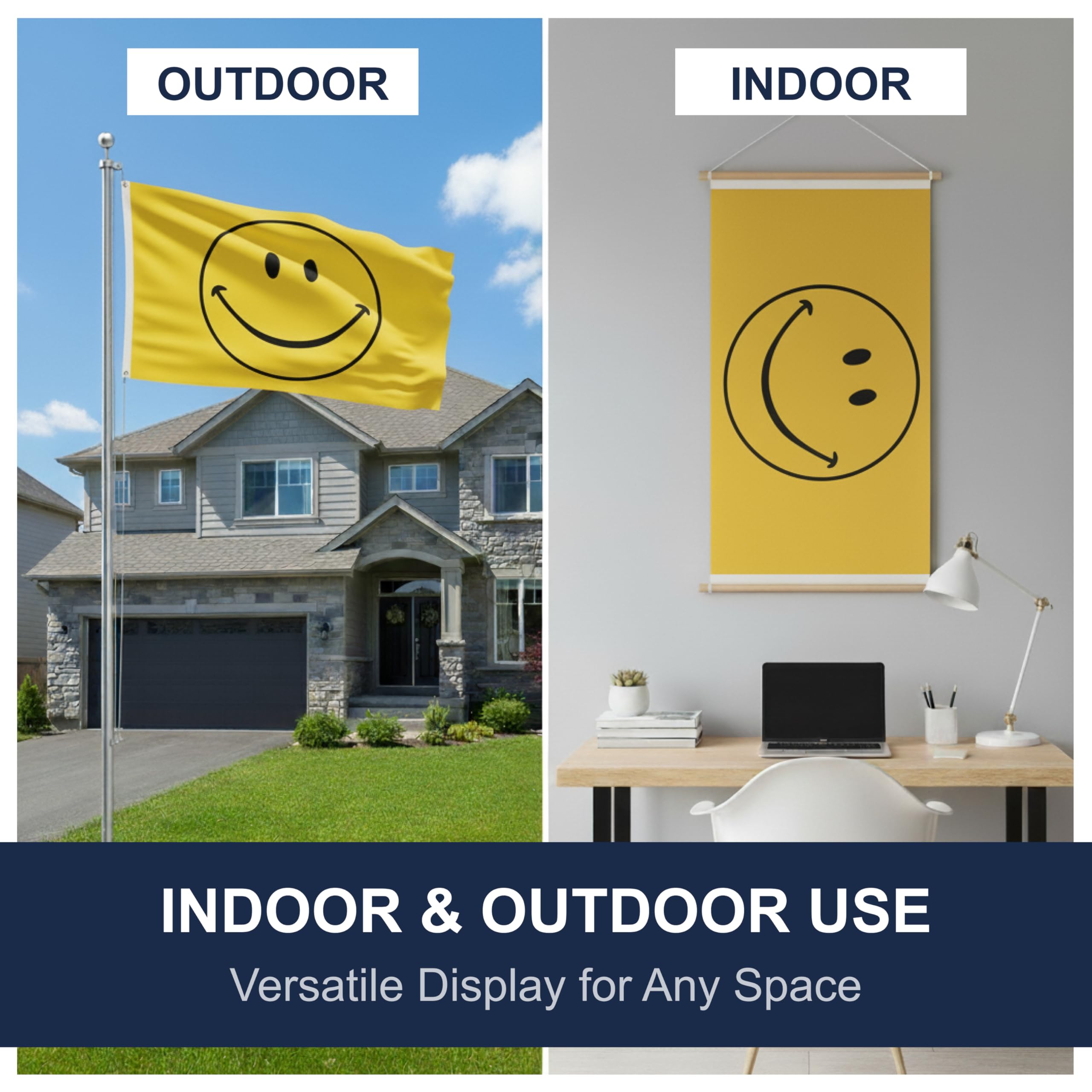 Shoe String King Smiley Face Flag indoors or outdoors, high visibility from afar