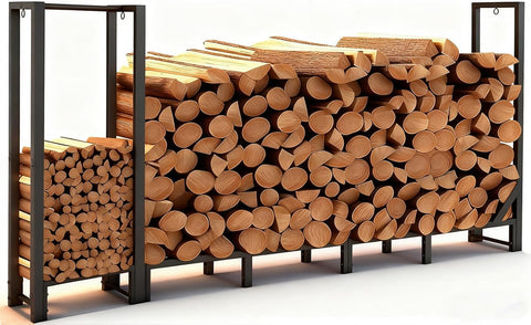 Shomextol 8ft firewood rack outdoor shows wide storage for logs and kindling.