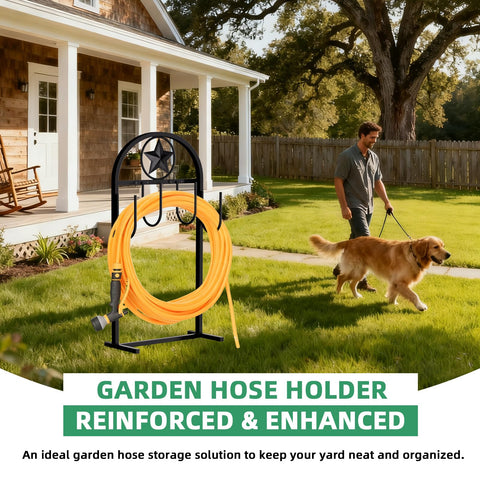 Shomextol black outdoor hose storage keeps hoses tidy in lawns and yards.