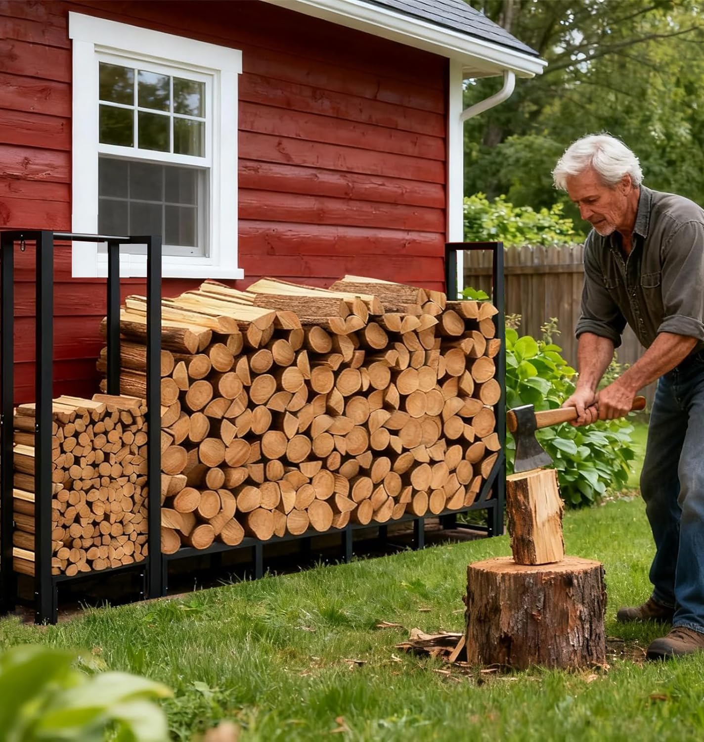 Shomextol durable steel firewood rack highlights heavy-duty construction for year-round outdoors.