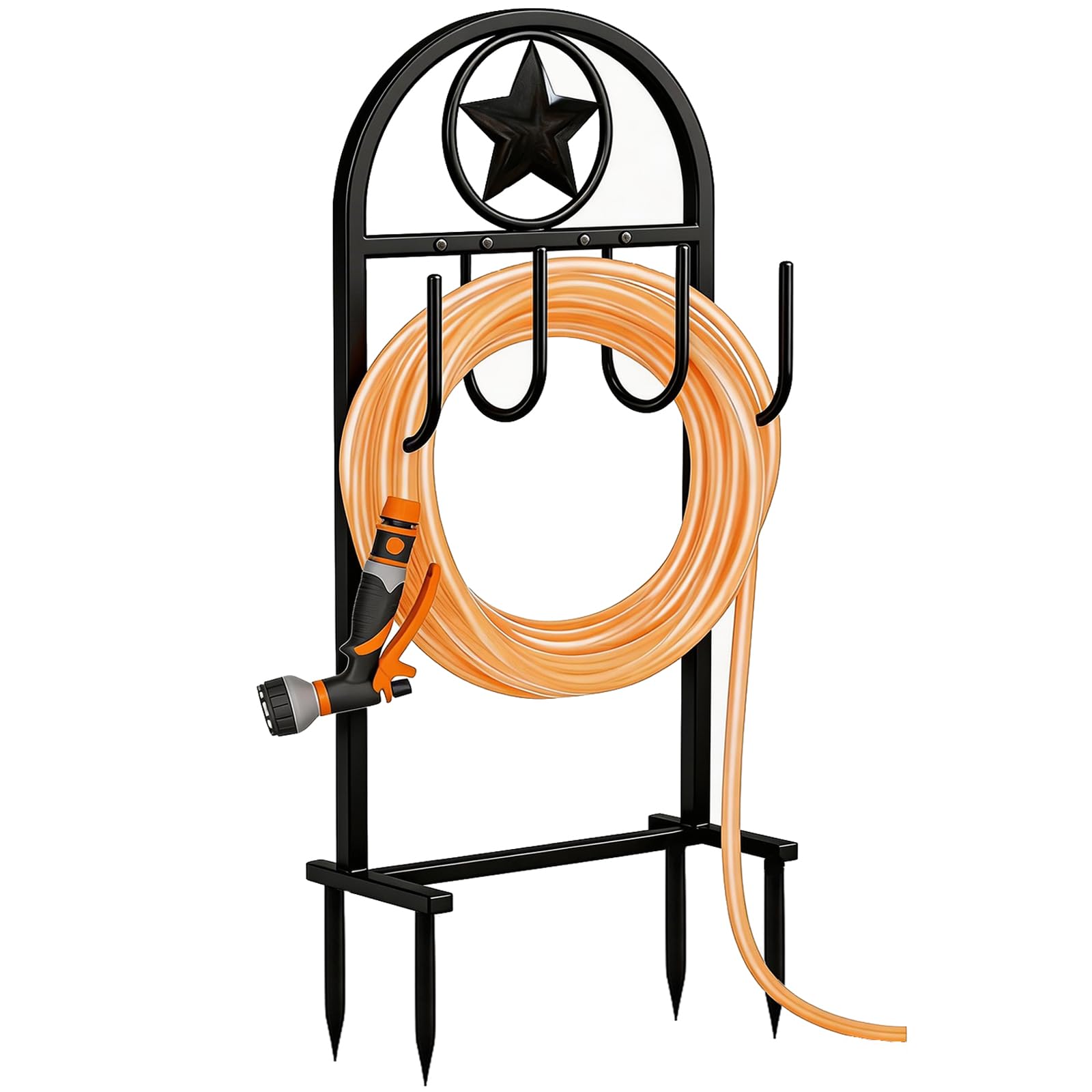 Shomextol garden hose holder with pentagram base anchors hoses securely outdoors.
