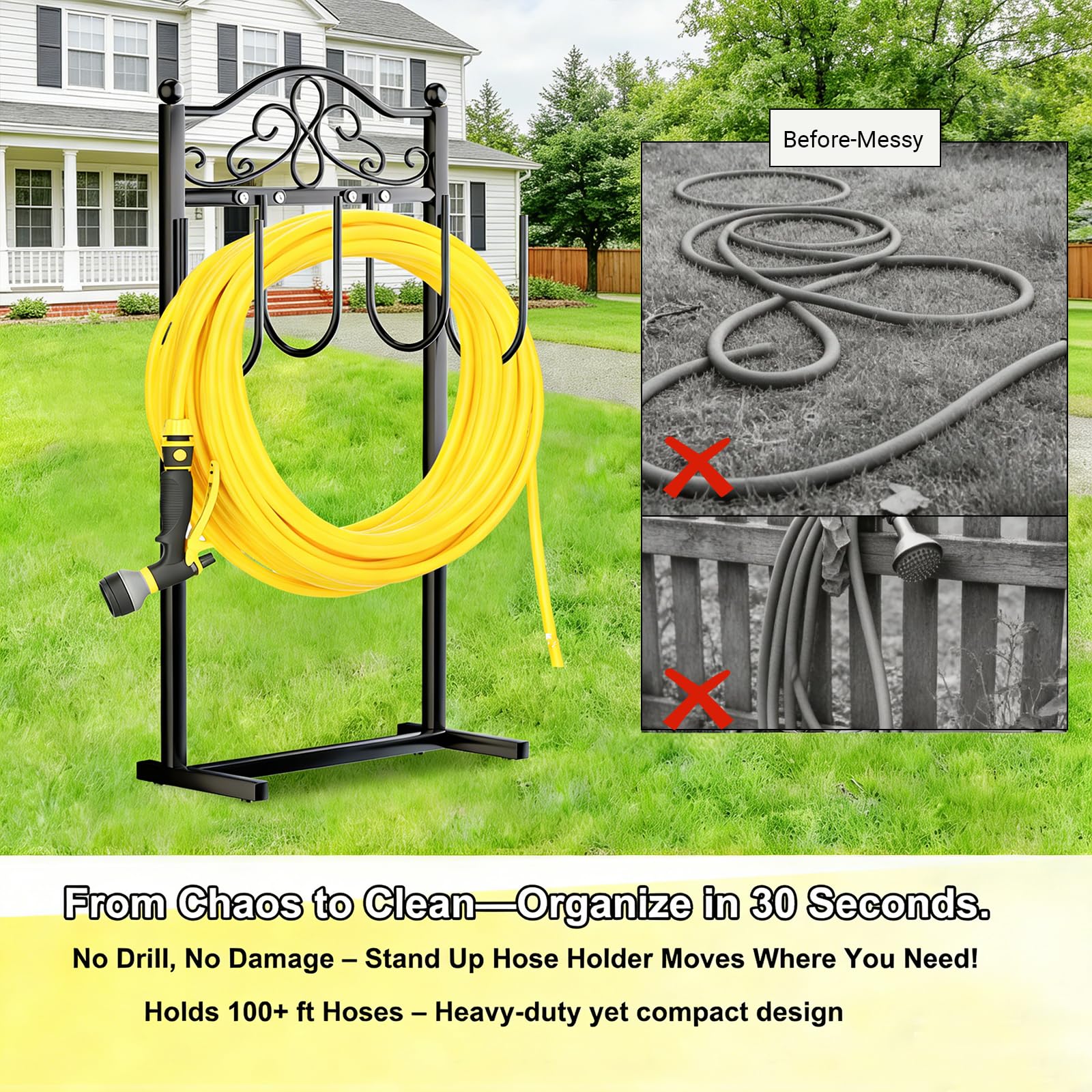 Shomextol hose holder compact base reducing clutter in patios