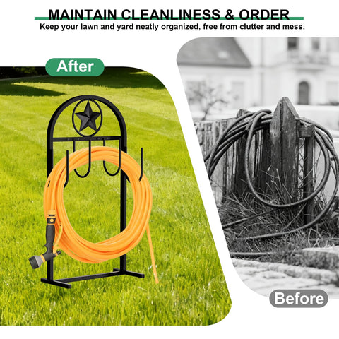 Shomextol pentagram design hose storage enhances garden decor while organizing hoses.