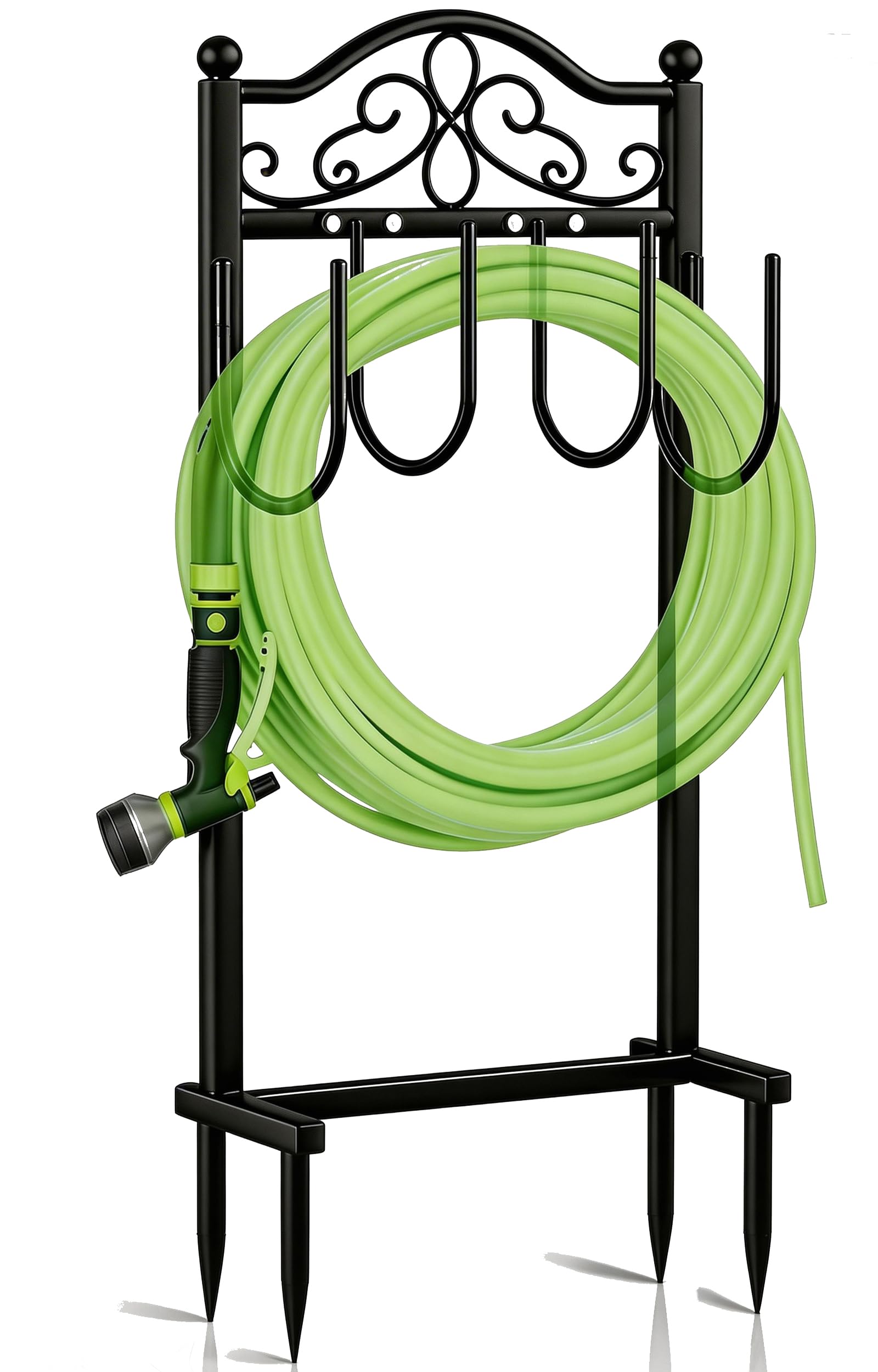 Shomextol upgraded hose holder front view with four-spike stability for reliable yard storage