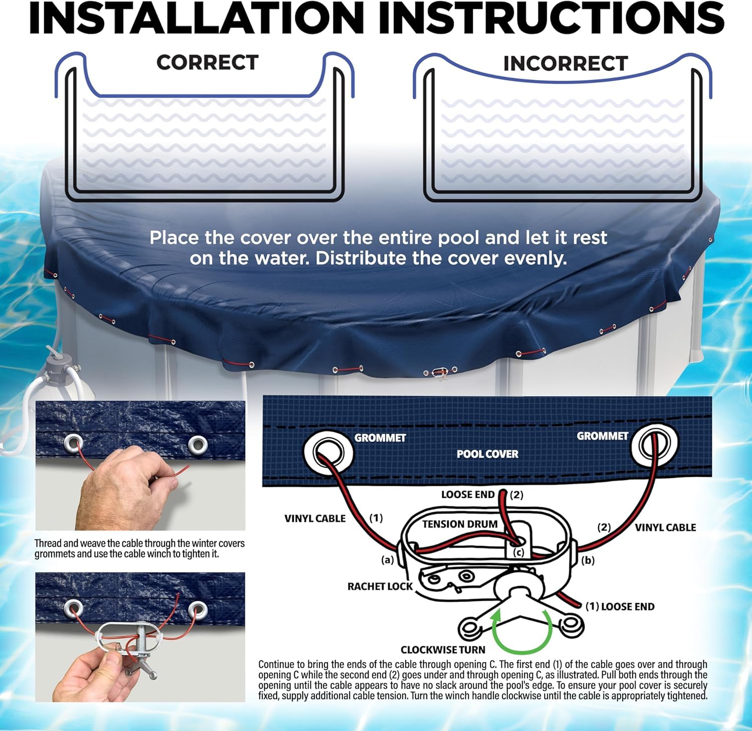 Shop Square 24ft round pool cover installed on the pool with secure winch.