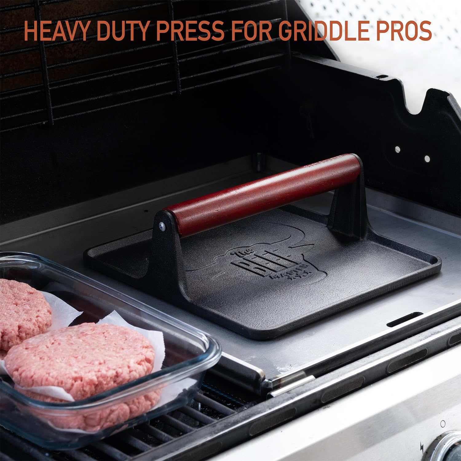 Beef Master press cool touch handle used safely while grilling