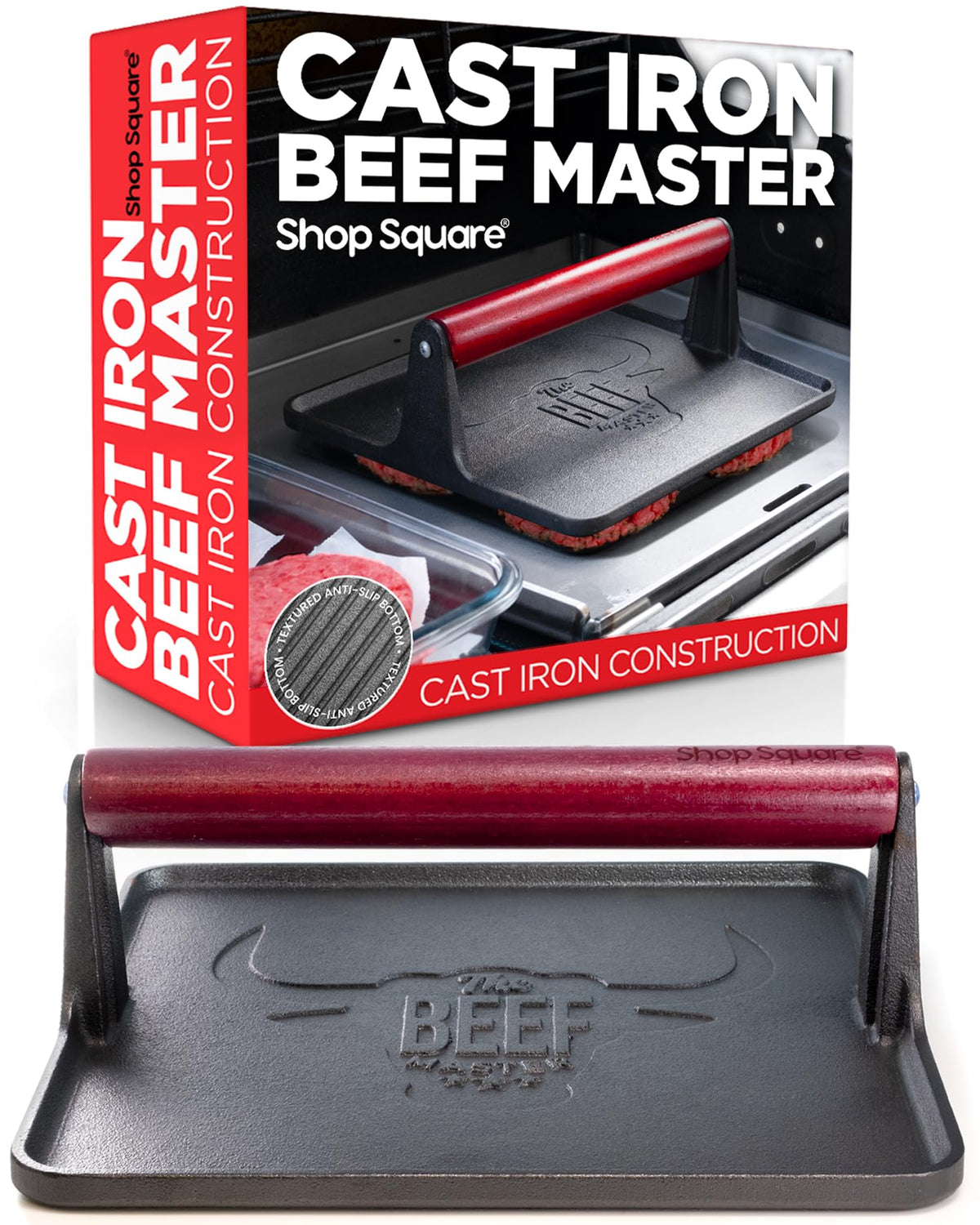 Shop Square Beef Master press viewed from above on a grill for even searing