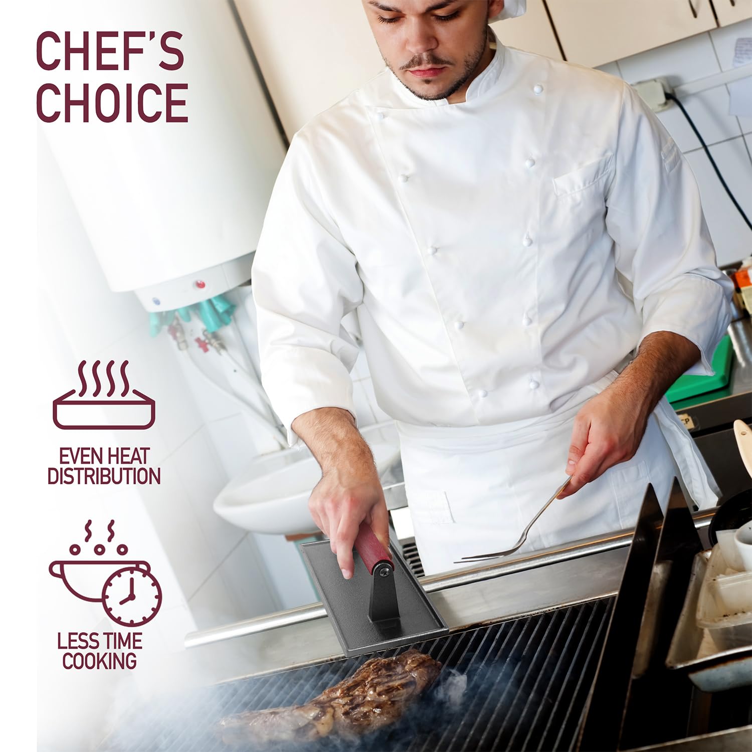 Shop Square grill press shows bold sear lines on food