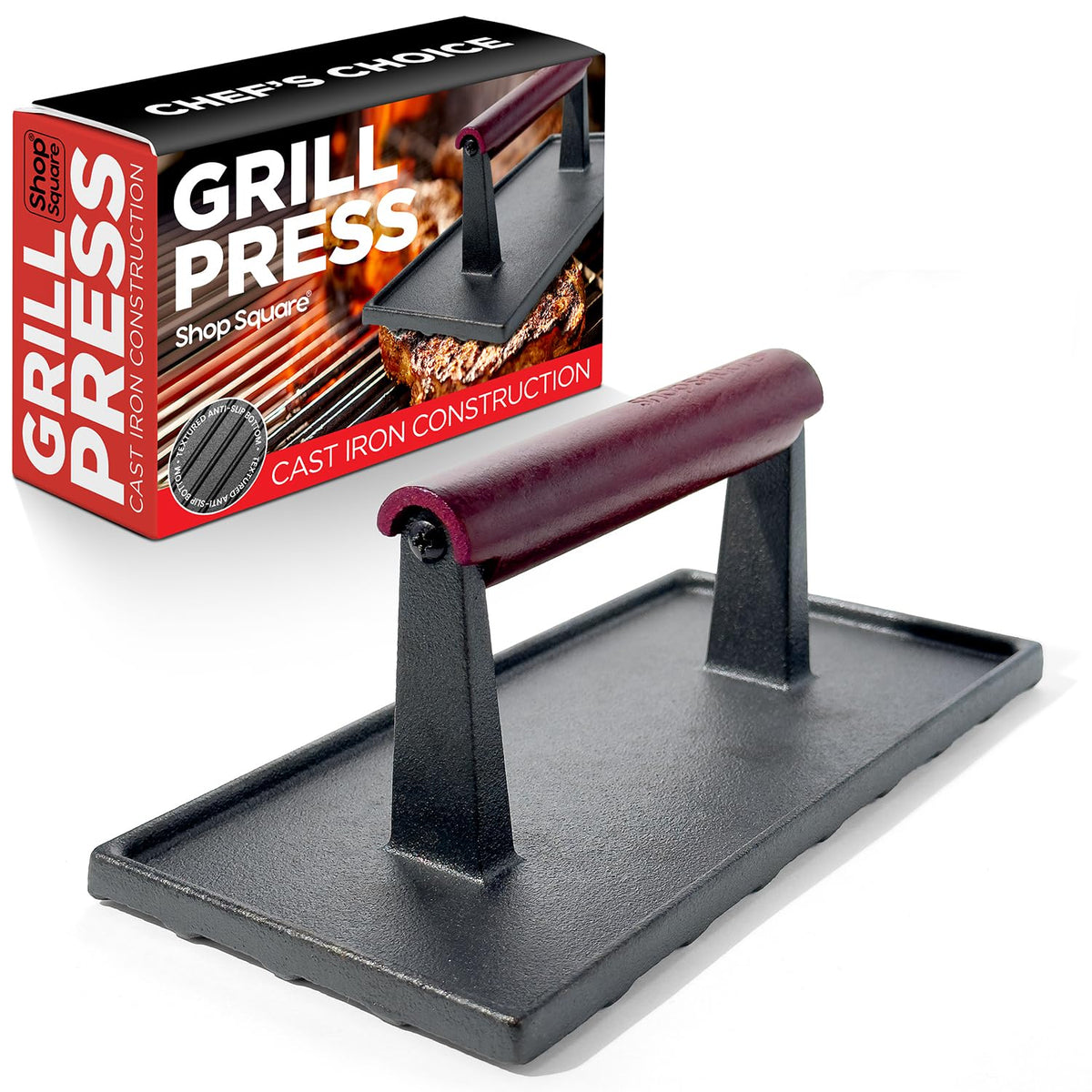 Shop Square cast iron grill press, top view, wide surface for even searing