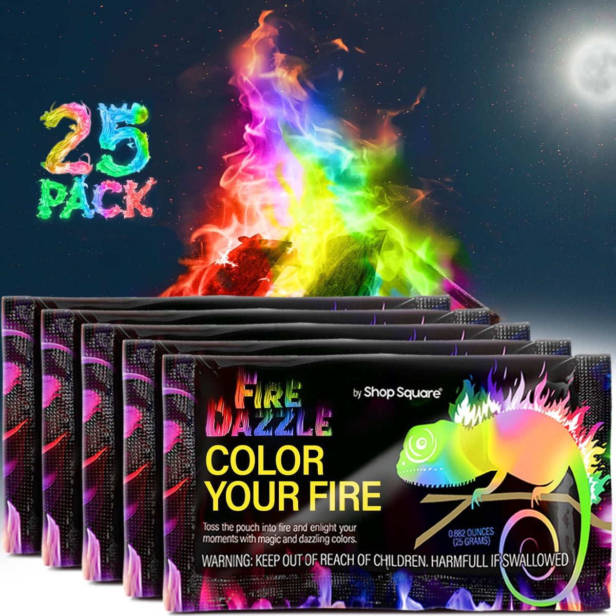 Shop Square Fire Dazzle color-changing packet glow around a cozy fire pit.