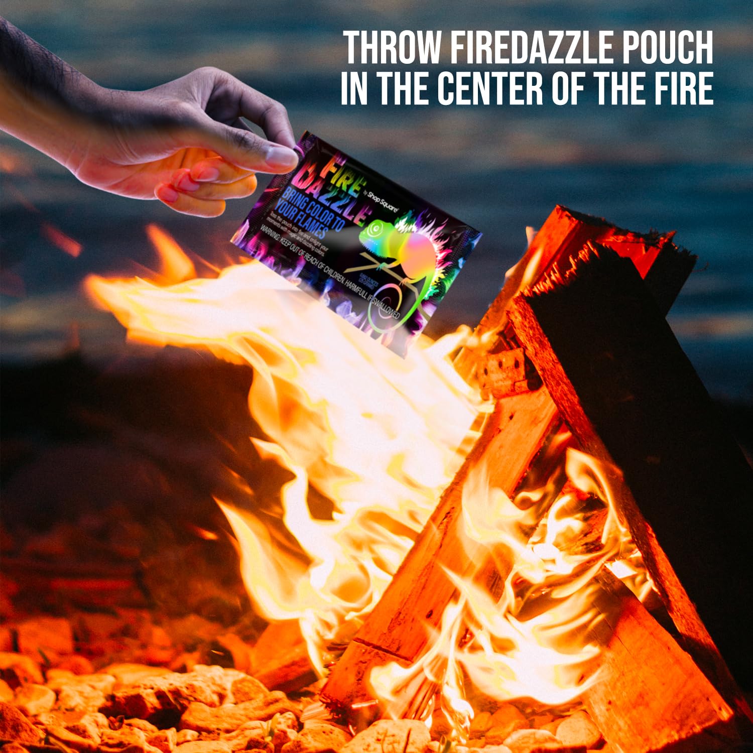 Close-up of rainbow display from Fire Dazzle packets during a bonfire gathering.