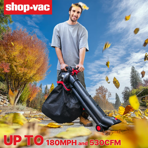 Shop-Vac 530cfm 180mph performance powering through leaves and debris.