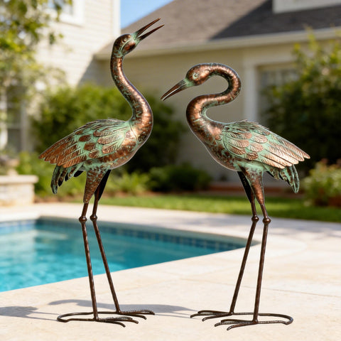 Shorayn crane statue beside pond adds tranquil focal point
