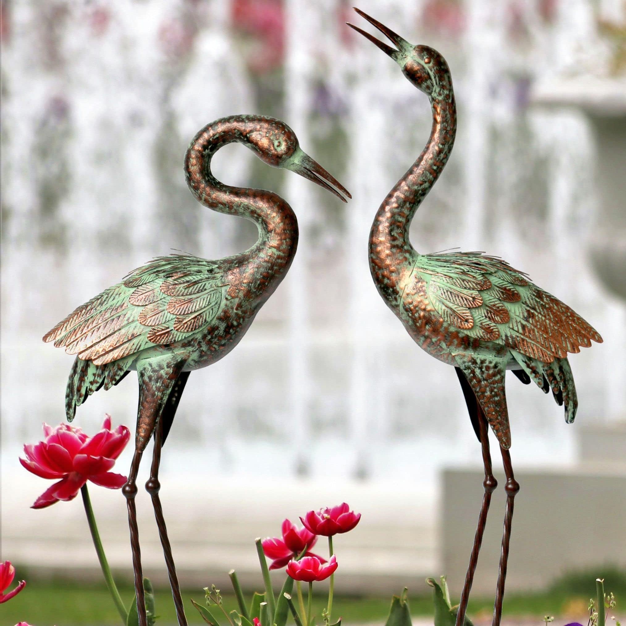 Shorayn garden crane statue in yard; blue heron sculpture boosts outdoor ambience