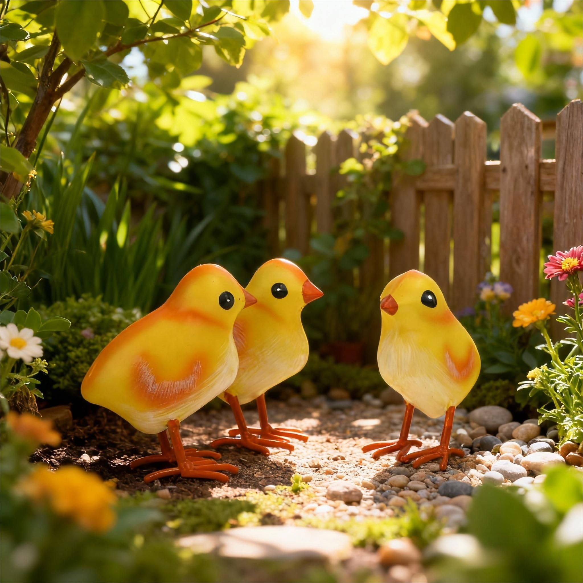 Shorayn weatherproof metal chickens withstand rain for season-long display.