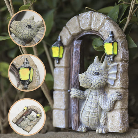 SHOWFEICAT dragon wall statue with fairy door glows softly at night
