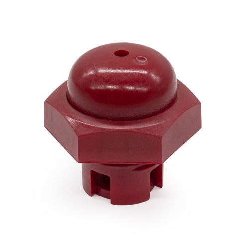 Showingo red oil fill cap front view with O-ring for leak prevention during maintenance
